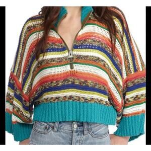 Free people multi color open knit collared cropped sweater size med boho